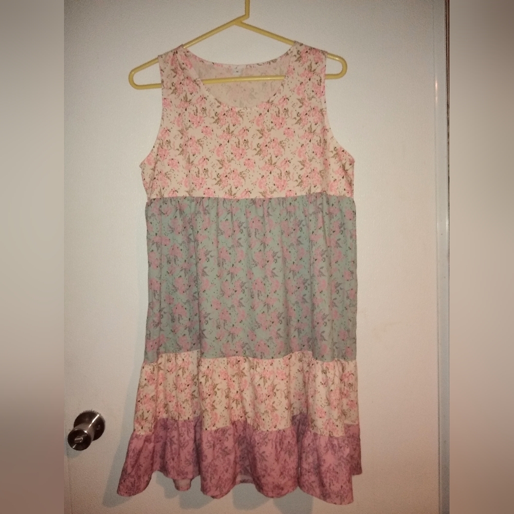 Floral Tiered Midi Dress in Pink and Green